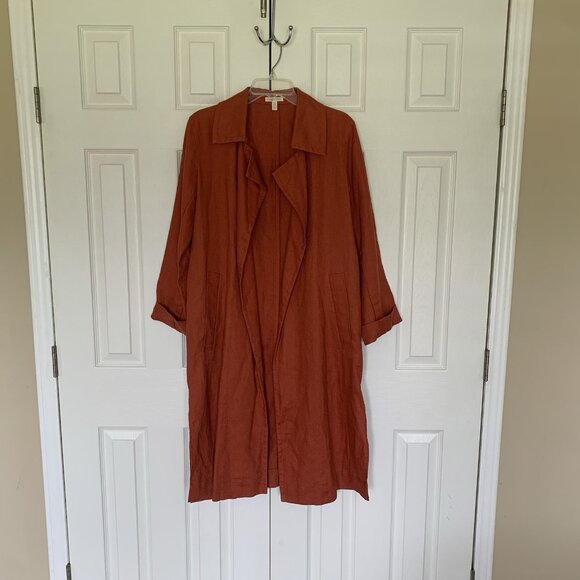 Eileen Fisher XS Rust Orange Duster Jacket Organic Cotton Open Front Long - Picture 2 of 9